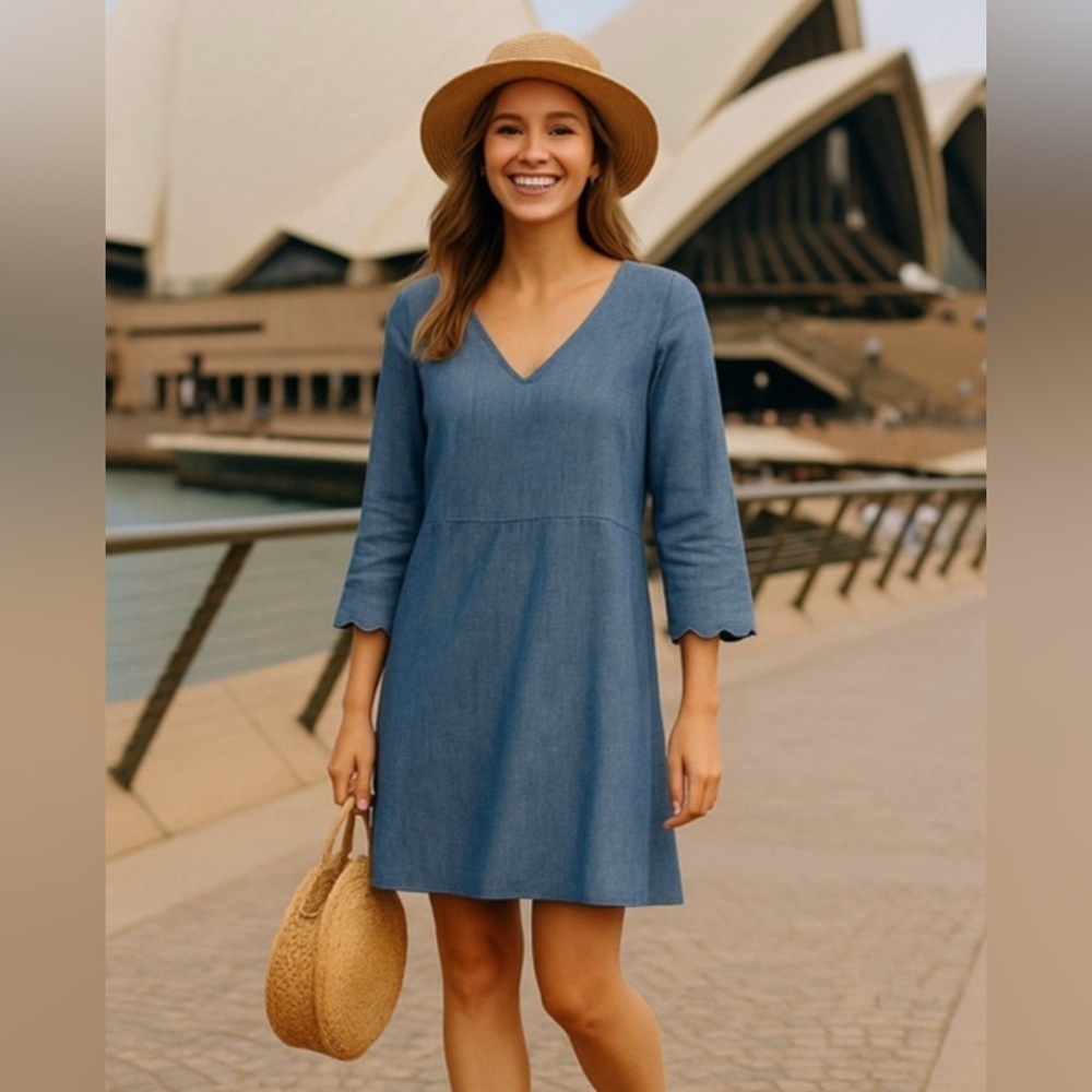 J. by J.Crew Dress Scallop Cuff Indigo Cotton Classic Feminine Spring Summer